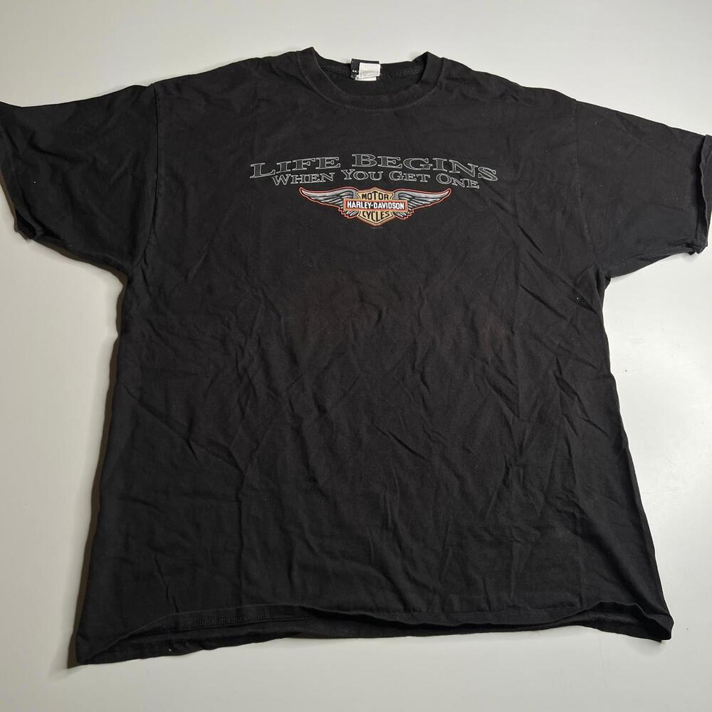 Vintage Harley-Davidson T-Shirt Life Begins Graphic‎ Black Tee 2XL R.K. Stratman